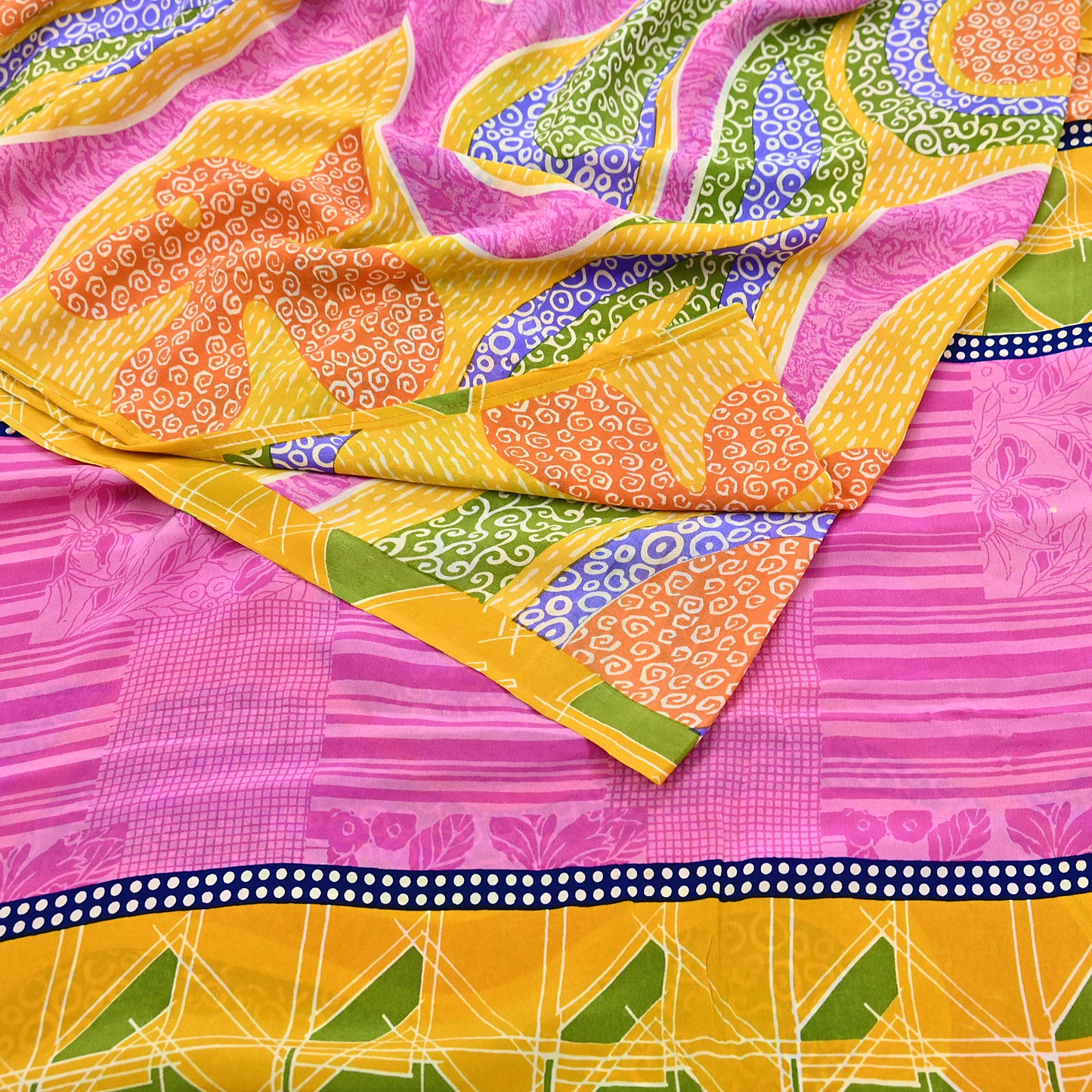 Indian Vintage Pink & Yellow Pure Crepe Silk Saree Floral Print 5 Yards Soft Sewing Fabric for Dressmaking, Quilting, Crafting Upcycling