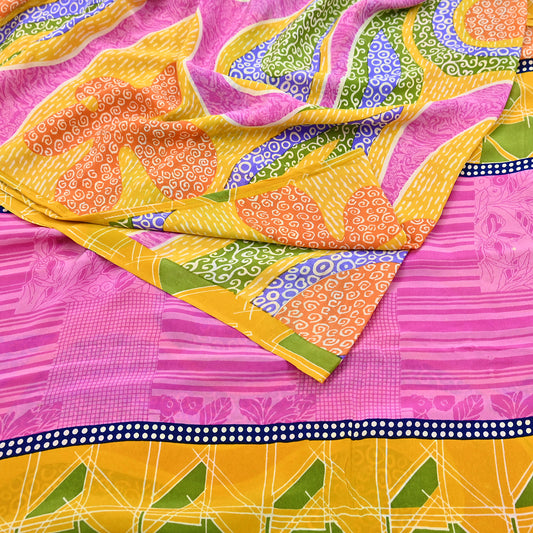Indian Vintage Pink & Yellow Pure Crepe Silk Saree Floral Print 5 Yards Soft Sewing Fabric for Dressmaking, Quilting, Crafting Upcycling