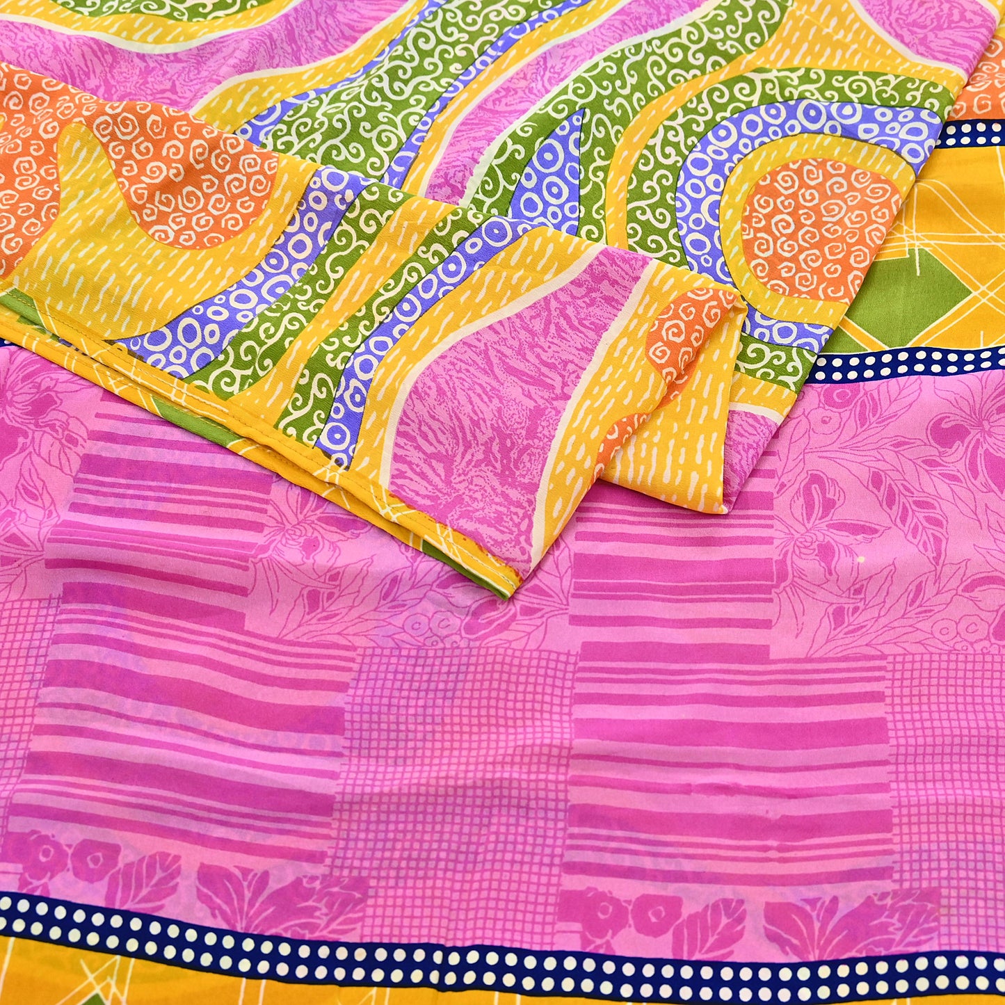 Indian Vintage Pink & Yellow Pure Crepe Silk Saree Floral Print 5 Yards Soft Sewing Fabric for Dressmaking, Quilting, Crafting Upcycling