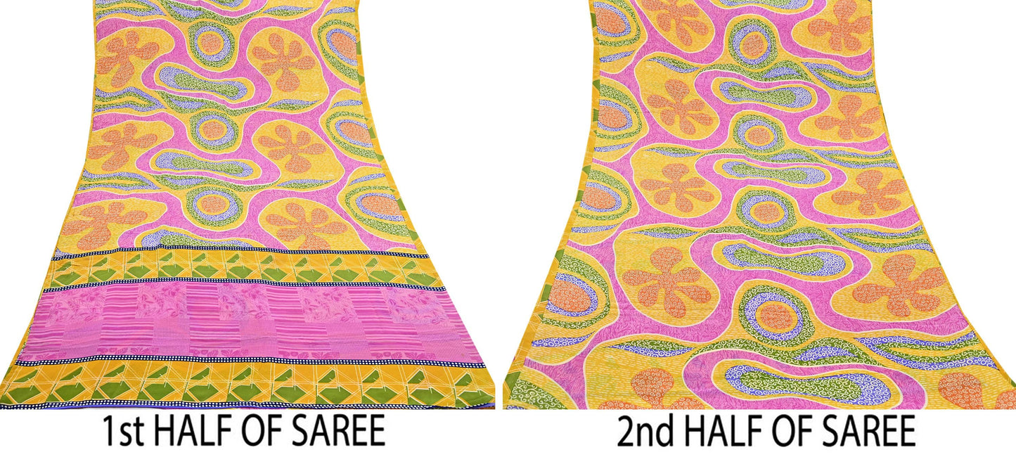 Indian Vintage Pink & Yellow Pure Crepe Silk Saree Floral Print 5 Yards Soft Sewing Fabric for Dressmaking, Quilting, Crafting Upcycling