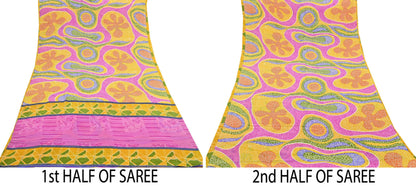 Indian Vintage Pink & Yellow Pure Crepe Silk Saree Floral Print 5 Yards Soft Sewing Fabric for Dressmaking, Quilting, Crafting Upcycling