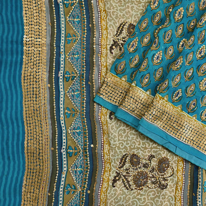 Vintage Turquoise Pure Crepe Silk Saree Hand Embroidered Floral Fabric 5Yds Indian Dressmaking, Quilting Craft Material