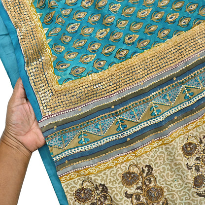Vintage Turquoise Pure Crepe Silk Saree Hand Embroidered Floral Fabric 5Yds Indian Dressmaking, Quilting Craft Material