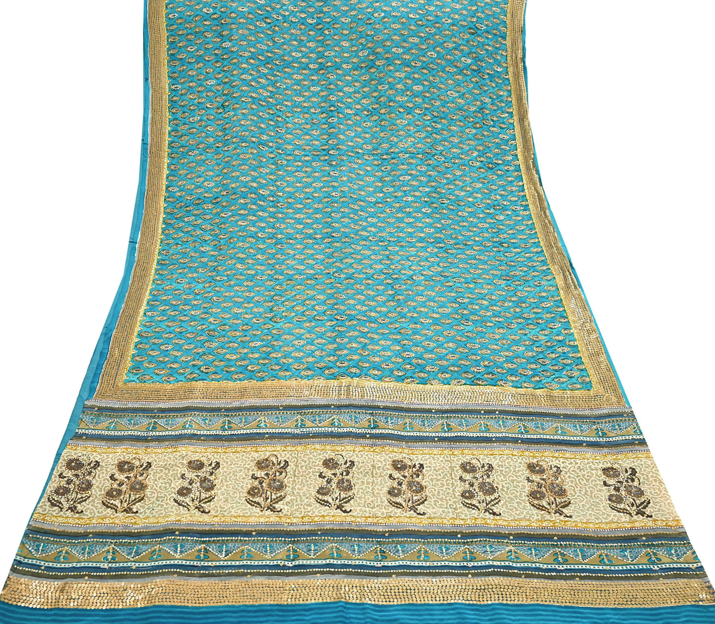 Vintage Turquoise Pure Crepe Silk Saree Hand Embroidered Floral Fabric 5Yds Indian Dressmaking, Quilting Craft Material