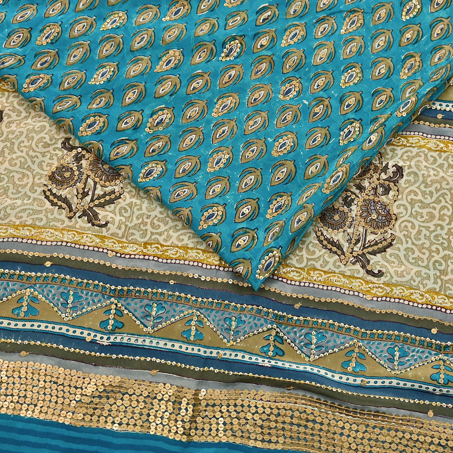 Vintage Turquoise Pure Crepe Silk Saree Hand Embroidered Floral Fabric 5Yds Indian Dressmaking, Quilting Craft Material
