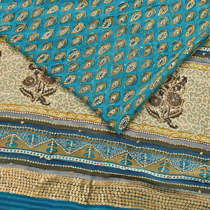 Vintage Turquoise Pure Crepe Silk Saree Hand Embroidered Floral Fabric 5Yds Indian Dressmaking, Quilting Craft Material