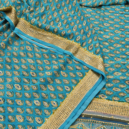 Vintage Turquoise Pure Crepe Silk Saree Hand Embroidered Floral Fabric 5Yds Indian Dressmaking, Quilting Craft Material
