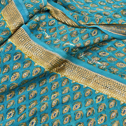 Vintage Turquoise Pure Crepe Silk Saree Hand Embroidered Floral Fabric 5Yds Indian Dressmaking, Quilting Craft Material