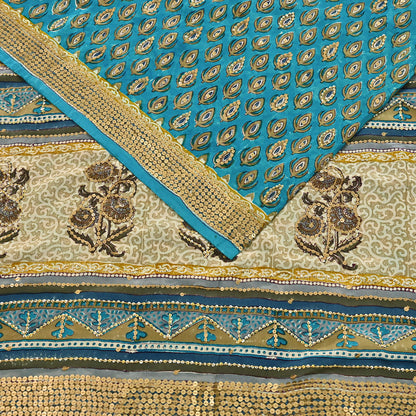 Vintage Turquoise Pure Crepe Silk Saree Hand Embroidered Floral Fabric 5Yds Indian Dressmaking, Quilting Craft Material