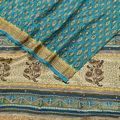 Vintage Turquoise Pure Crepe Silk Saree Hand Embroidered Floral Fabric 5Yds Indian Dressmaking, Quilting Craft Material