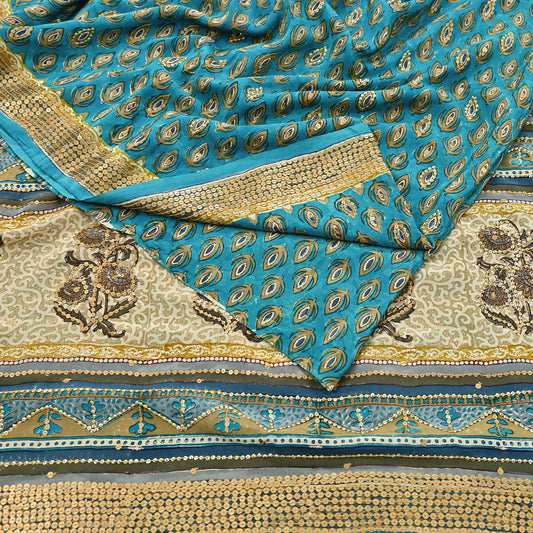 Vintage Turquoise Pure Crepe Silk Saree Hand Embroidered Floral Fabric 5Yds Indian Dressmaking, Quilting Craft Material