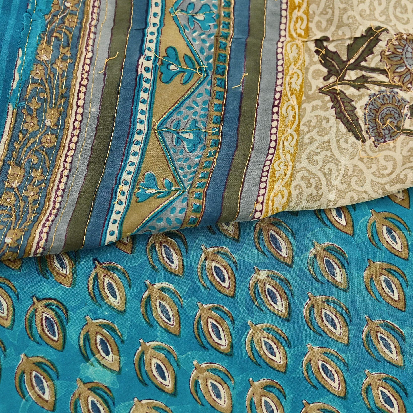 Vintage Turquoise Pure Crepe Silk Saree Hand Embroidered Floral Fabric 5Yds Indian Dressmaking, Quilting Craft Material