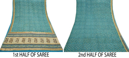 Vintage Turquoise Pure Crepe Silk Saree Hand Embroidered Floral Fabric 5Yds Indian Dressmaking, Quilting Craft Material
