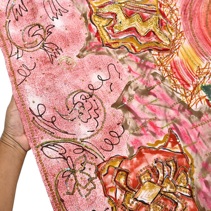 Vintage Multi Pure Crepe Silk Saree Hand Embroidered Floral Fabric 6Yds Indian Dressmaking, Quilting Craft Material
