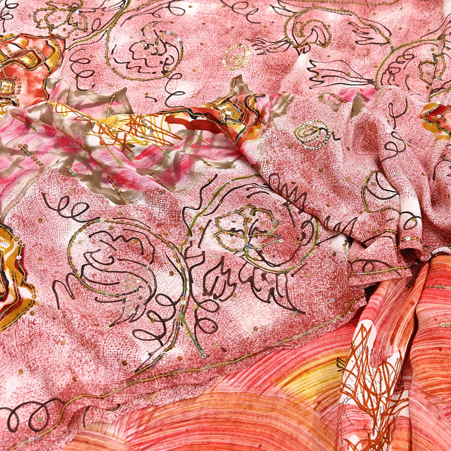 Vintage Multi Pure Crepe Silk Saree Hand Embroidered Floral Fabric 6Yds Indian Dressmaking, Quilting Craft Material