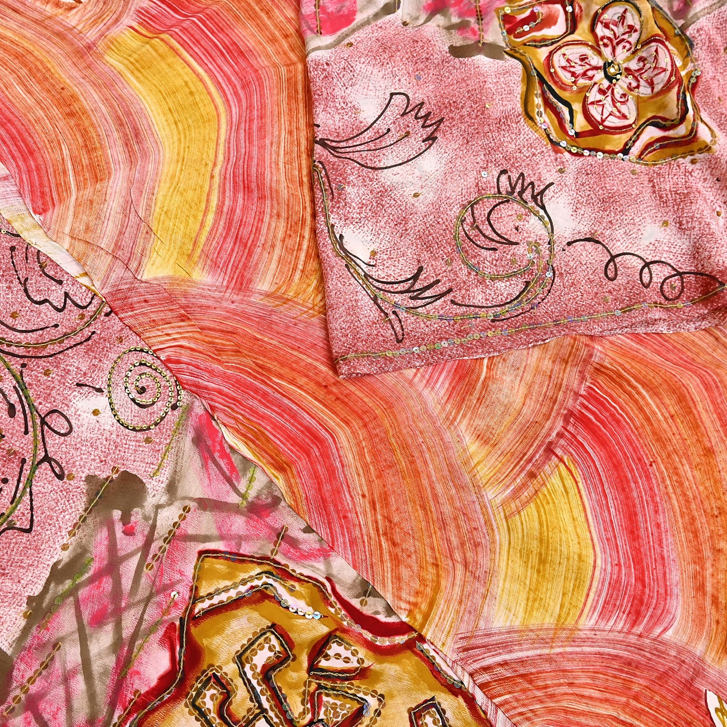 Vintage Multi Pure Crepe Silk Saree Hand Embroidered Floral Fabric 6Yds Indian Dressmaking, Quilting Craft Material
