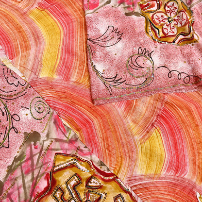 Vintage Multi Pure Crepe Silk Saree Hand Embroidered Floral Fabric 6Yds Indian Dressmaking, Quilting Craft Material
