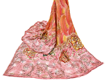 Vintage Multi Pure Crepe Silk Saree Hand Embroidered Floral Fabric 6Yds Indian Dressmaking, Quilting Craft Material