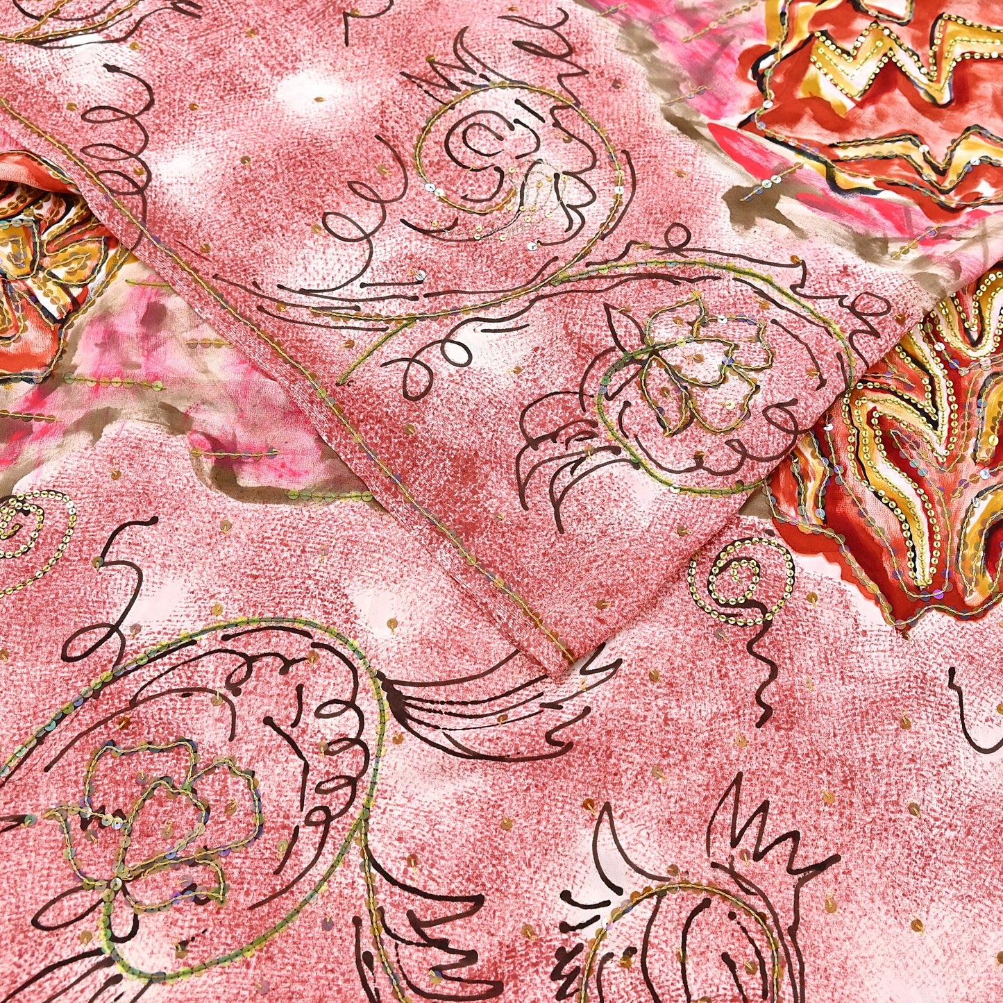 Vintage Multi Pure Crepe Silk Saree Hand Embroidered Floral Fabric 6Yds Indian Dressmaking, Quilting Craft Material