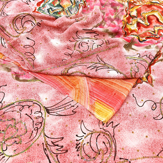 Vintage Multi Pure Crepe Silk Saree Hand Embroidered Floral Fabric 6Yds Indian Dressmaking, Quilting Craft Material