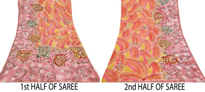 Vintage Multi Pure Crepe Silk Saree Hand Embroidered Floral Fabric 6Yds Indian Dressmaking, Quilting Craft Material