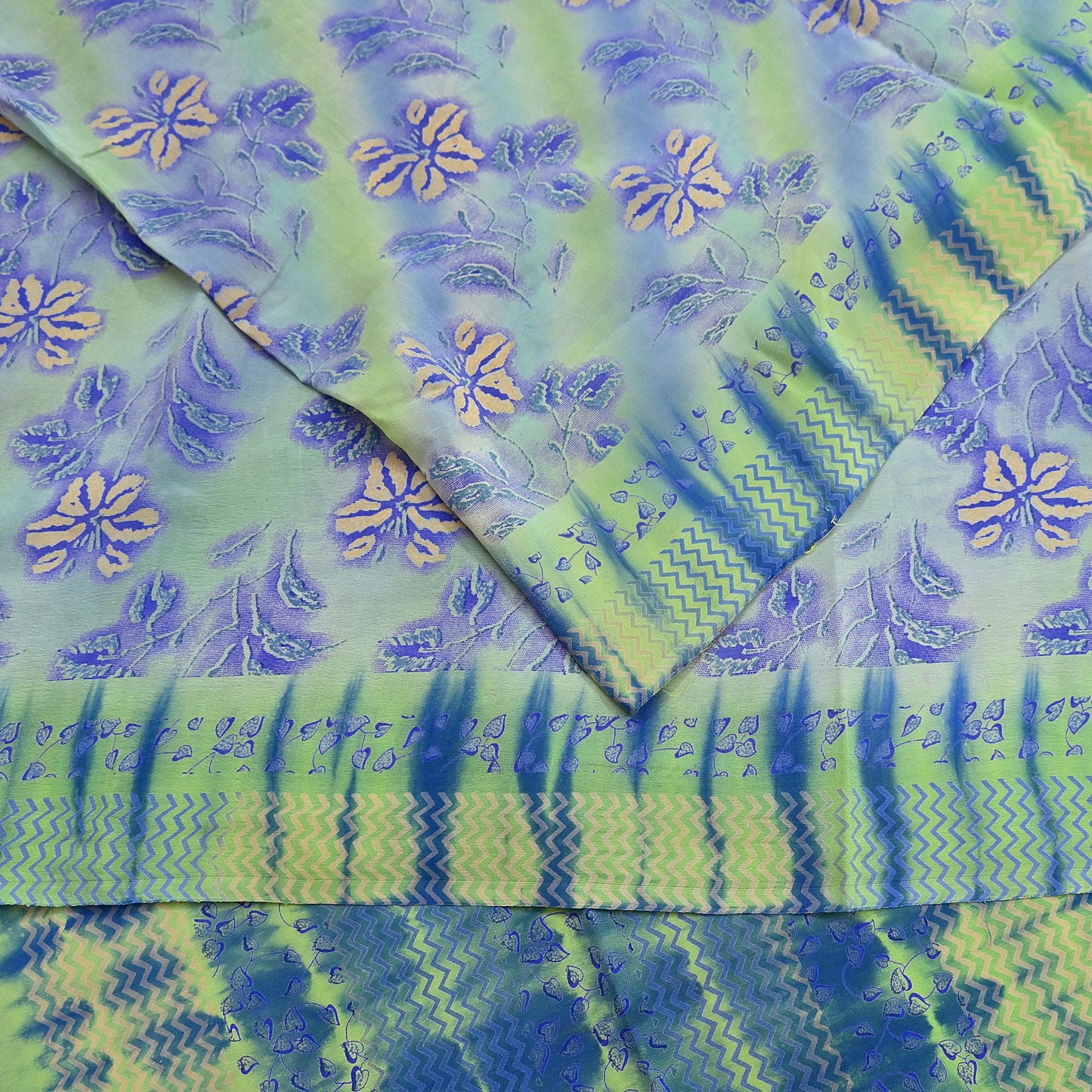 Indian Vintage Sari Green Pure Crepe Silk Printed Sarees 5yd Sewing Floral Soft Craft Fabric Wrap Dress Making Crafting Quilting Upcycle