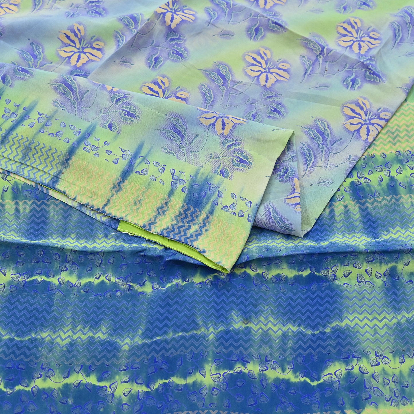 Indian Vintage Sari Green Pure Crepe Silk Printed Sarees 5yd Sewing Floral Soft Craft Fabric Wrap Dress Making Crafting Quilting Upcycle