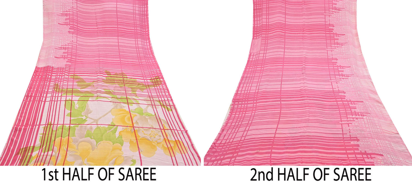 Indian Vintage Pink Pure Crepe Silk Saree Floral Print 5 Yards Soft Sewing Fabric for Dressmaking, Quilting, Crafting Upcycling