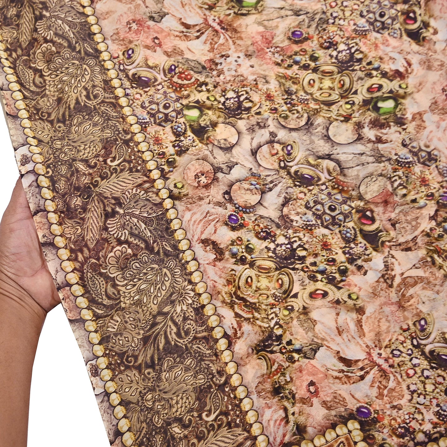 Women Vintage Sari Beige & Black Pure Georgette Silk Digital Printed Saree Craft Fabric Sewing 5Yd Light Dress Making Geometric Crafting