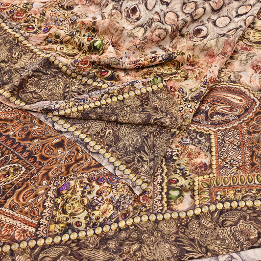 Women Vintage Sari Beige & Black Pure Georgette Silk Digital Printed Saree Craft Fabric Sewing 5Yd Light Dress Making Geometric Crafting