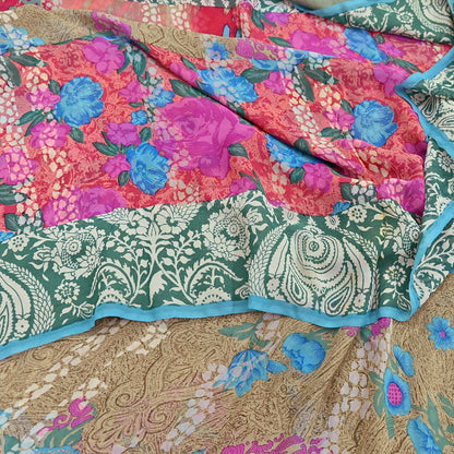 Women Vintage Sari multi Pure Georgette Silk Printed Saree Craft Fabric Sewing 6Yard Soft Light Dress Making Floral