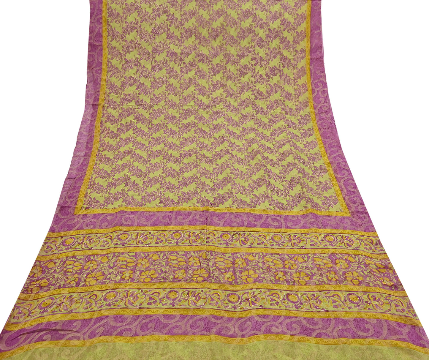 Women Vintage Sari Green & Purple 100% Pure Georgette Silk Printed Saree Craft Fabric Sewing 5Yd Soft Sari Dress Making Crafting Quilting