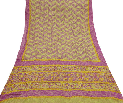 Women Vintage Sari Green & Purple 100% Pure Georgette Silk Printed Saree Craft Fabric Sewing 5Yd Soft Sari Dress Making Crafting Quilting