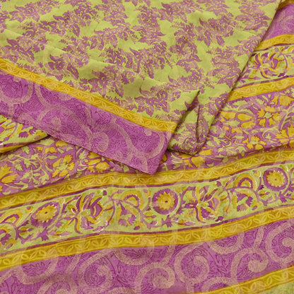 Women Vintage Sari Green & Purple 100% Pure Georgette Silk Printed Saree Craft Fabric Sewing 5Yd Soft Sari Dress Making Crafting Quilting