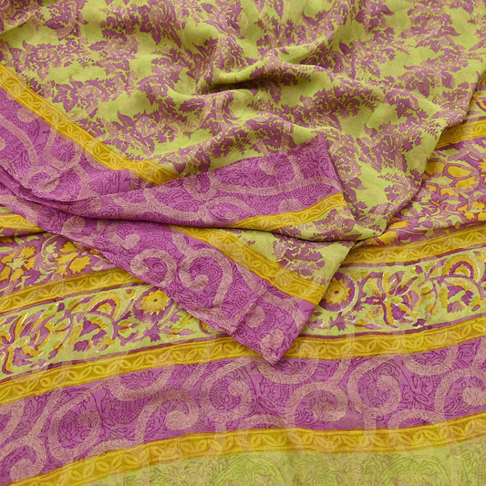 Women Vintage Sari Green & Purple 100% Pure Georgette Silk Printed Saree Craft Fabric Sewing 5Yd Soft Sari Dress Making Crafting Quilting