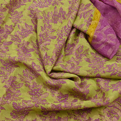Women Vintage Sari Green & Purple 100% Pure Georgette Silk Printed Saree Craft Fabric Sewing 5Yd Soft Sari Dress Making Crafting Quilting