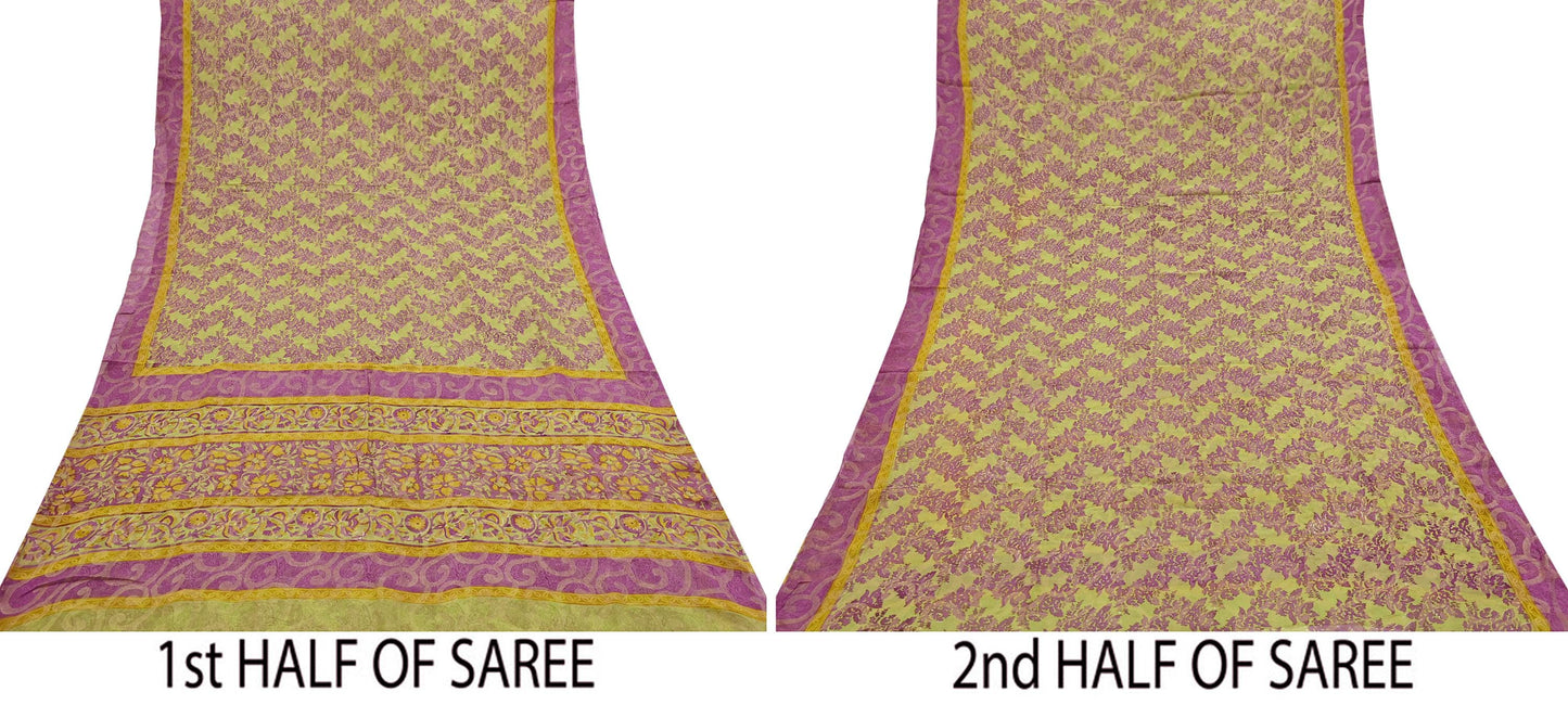 Women Vintage Sari Green & Purple 100% Pure Georgette Silk Printed Saree Craft Fabric Sewing 5Yd Soft Sari Dress Making Crafting Quilting