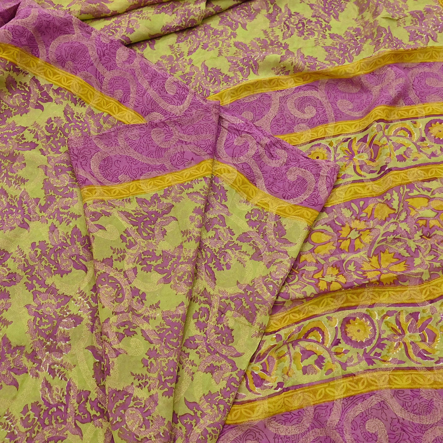 Women Vintage Sari Green & Purple 100% Pure Georgette Silk Printed Saree Craft Fabric Sewing 5Yd Soft Sari Dress Making Crafting Quilting