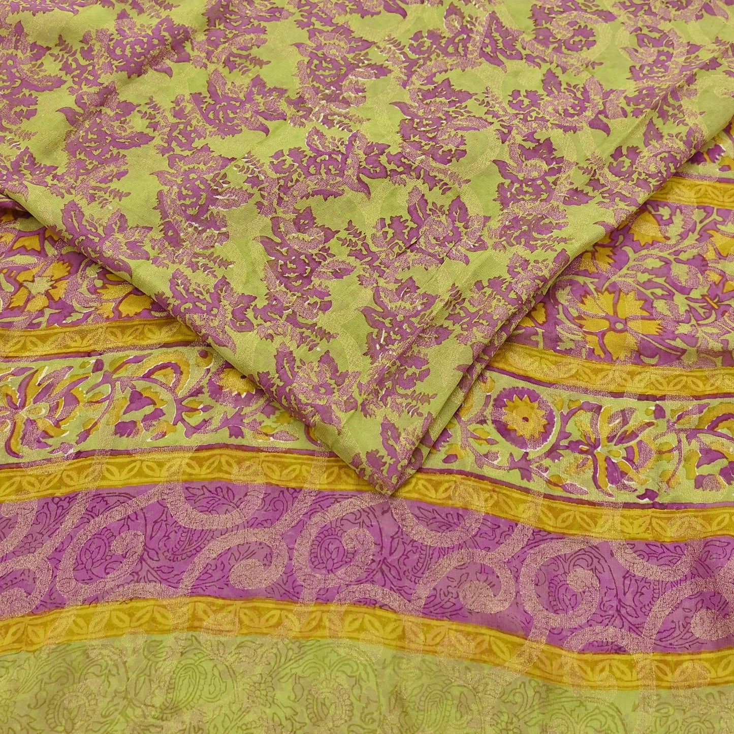 Women Vintage Sari Green & Purple 100% Pure Georgette Silk Printed Saree Craft Fabric Sewing 5Yd Soft Sari Dress Making Crafting Quilting