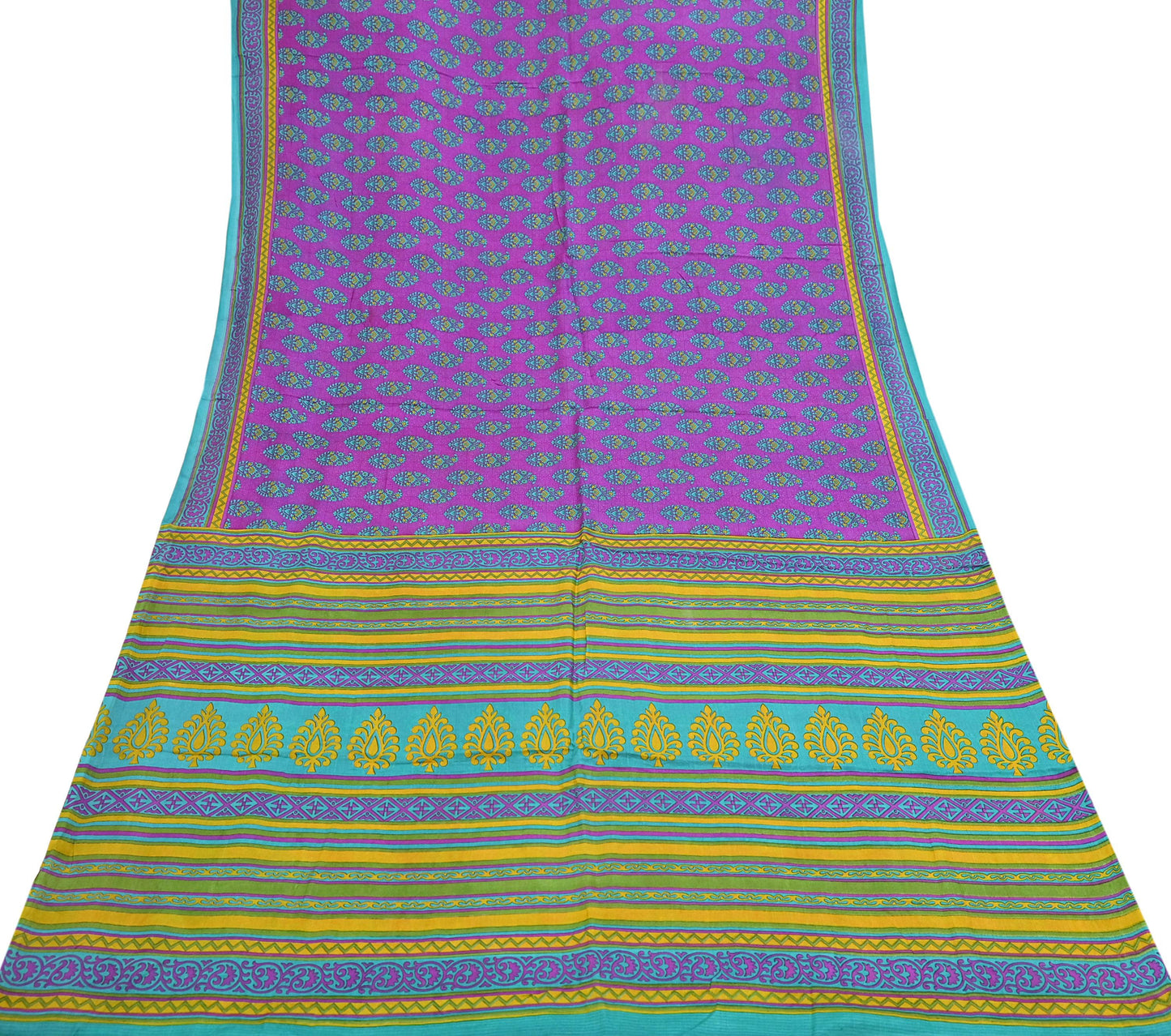 Indian Vintage Sari Green & Purple 100% Pure Silk Printed Sarees 5yd Craft Fabric Sewing Soft Dress Making Floral Quilting Crafting Upcycle