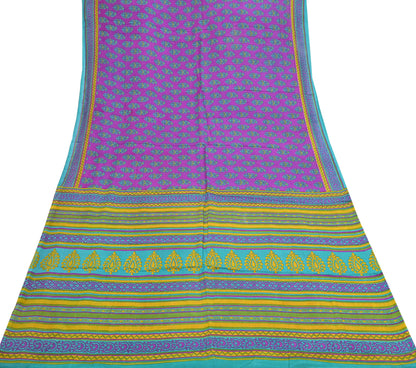 Indian Vintage Sari Green & Purple 100% Pure Silk Printed Sarees 5yd Craft Fabric Sewing Soft Dress Making Floral Quilting Crafting Upcycle