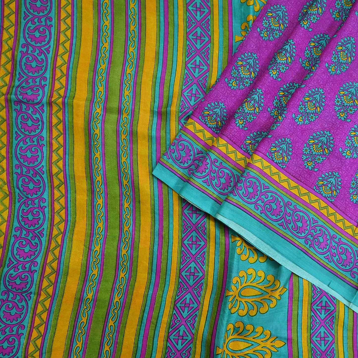 Indian Vintage Sari Green & Purple 100% Pure Silk Printed Sarees 5yd Craft Fabric Sewing Soft Dress Making Floral Quilting Crafting Upcycle