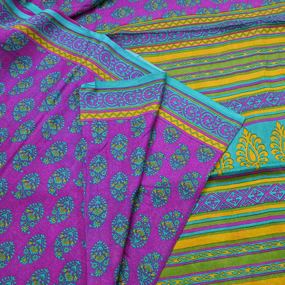 Indian Vintage Sari Green & Purple 100% Pure Silk Printed Sarees 5yd Craft Fabric Sewing Soft Dress Making Floral Quilting Crafting Upcycle