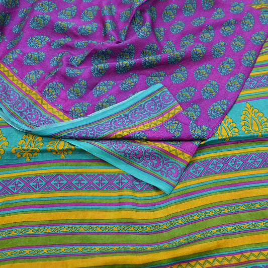 Indian Vintage Sari Green & Purple 100% Pure Silk Printed Sarees 5yd Craft Fabric Sewing Soft Dress Making Floral Quilting Crafting Upcycle