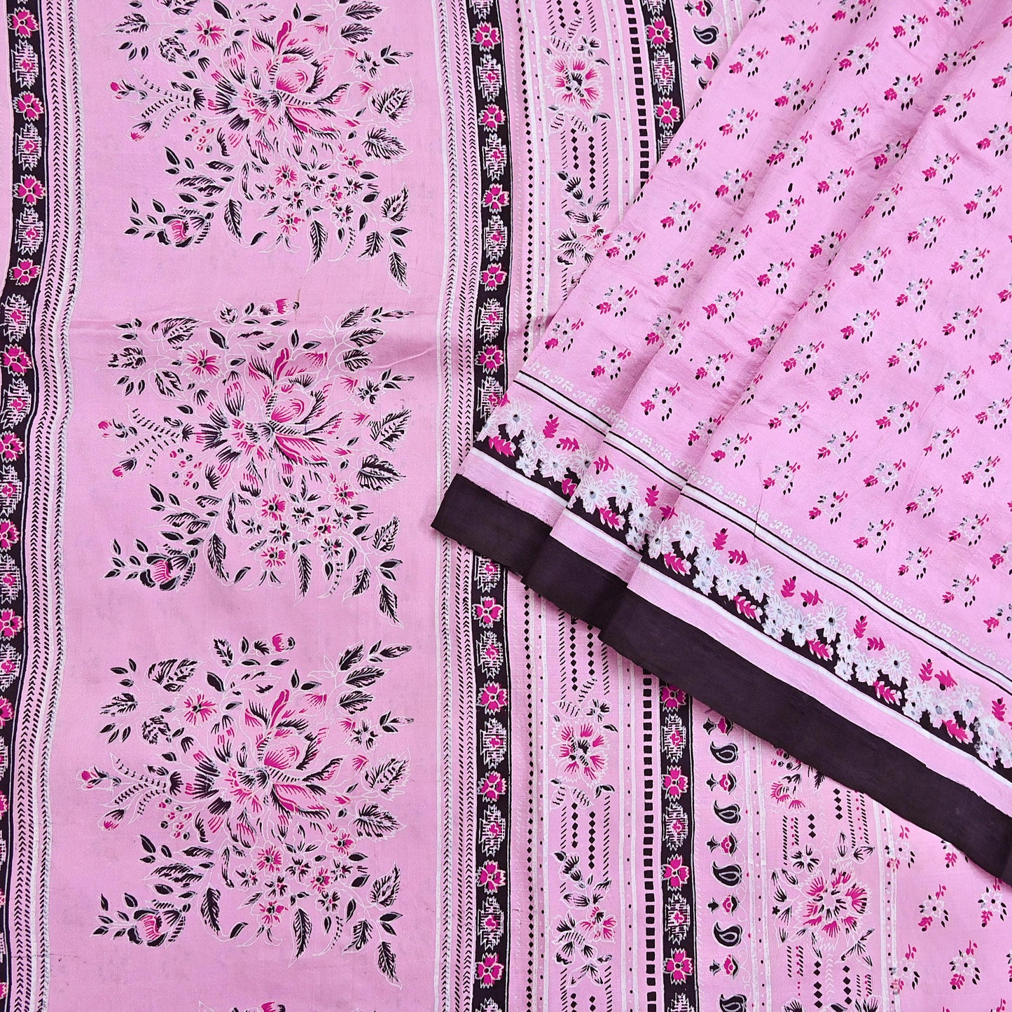 Indian Vintage Pink Pure Silk Printed Saree 5 Yards Soft Floral Fabric for Dressmaking, Quilting, Crafting, Sewing & Upcycling