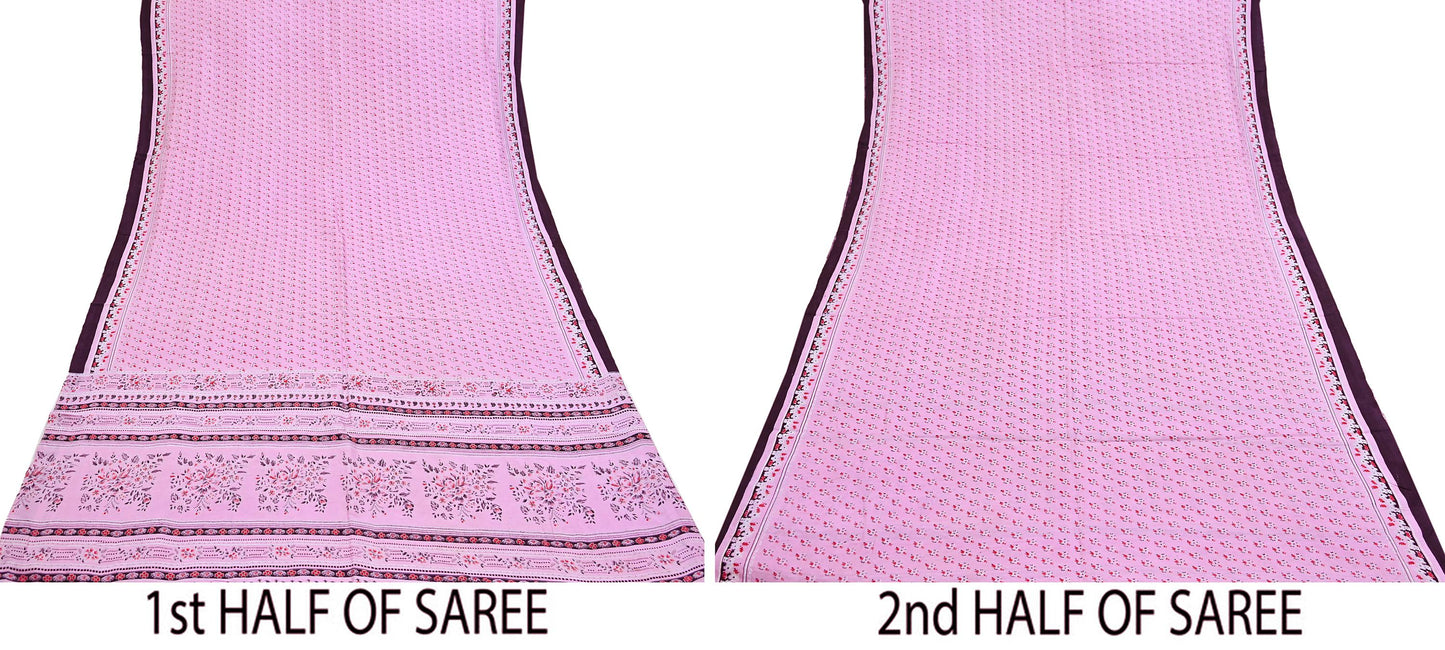 Indian Vintage Pink Pure Silk Printed Saree 5 Yards Soft Floral Fabric for Dressmaking, Quilting, Crafting, Sewing & Upcycling