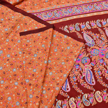Indian Vintage Sari Orange 100% Pure Silk Printed Saree Craft Fabric 6yd Sewing Dress Making Soft Wrap Paisley Quilting Crafting Upcycle