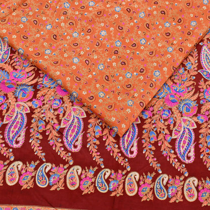 Indian Vintage Sari Orange 100% Pure Silk Printed Saree Craft Fabric 6yd Sewing Dress Making Soft Wrap Paisley Quilting Crafting Upcycle
