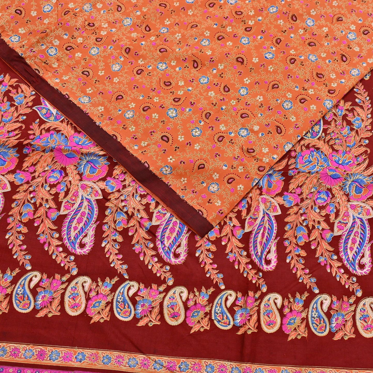 Indian Vintage Sari Orange 100% Pure Silk Printed Saree Craft Fabric 6yd Sewing Dress Making Soft Wrap Paisley Quilting Crafting Upcycle