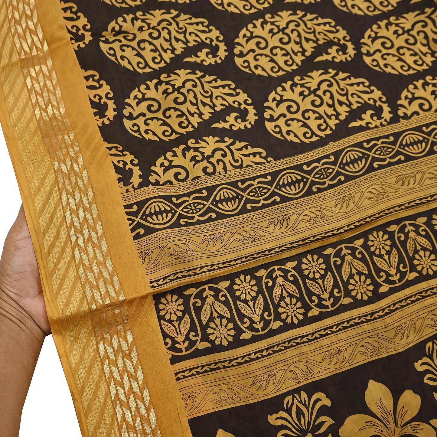 Indian Vintage Sari Black Printed Pure Silk Sarees Craft Fabric 5yd Sewing Soft Dress Designing  for Crafting Quilting Upcycle Wrap Zari